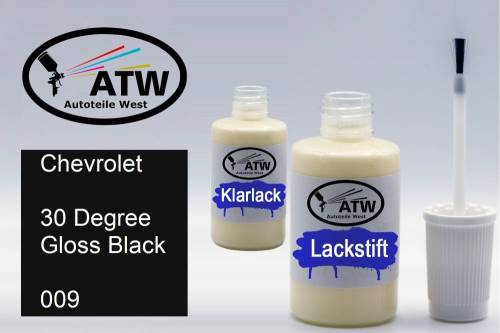 Chevrolet, 30 Degree Gloss Black, 009: 20ml Lackstift + 20ml Klarlack - Set, von ATW Autoteile West.